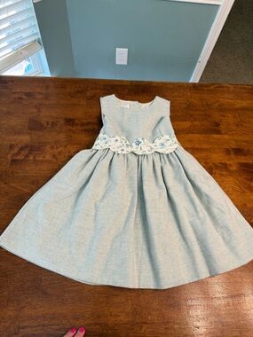 Alice Kathleen & Co Blue Herringbone Dress Floral Scalloped Sash Girls 10